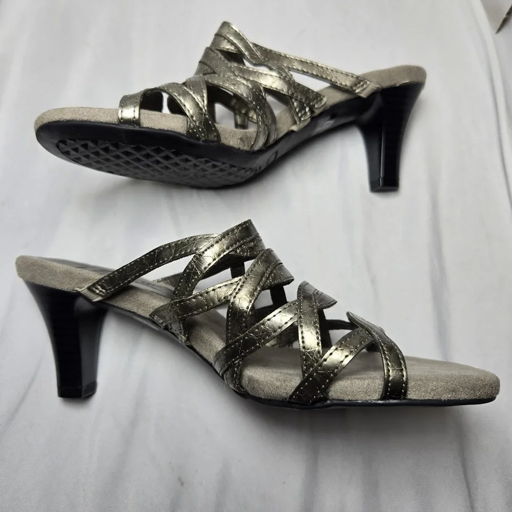 A2 Aerosoles Water Power Strappy Sandal Heels Womens 7 Pewter Silver‎ Neutral